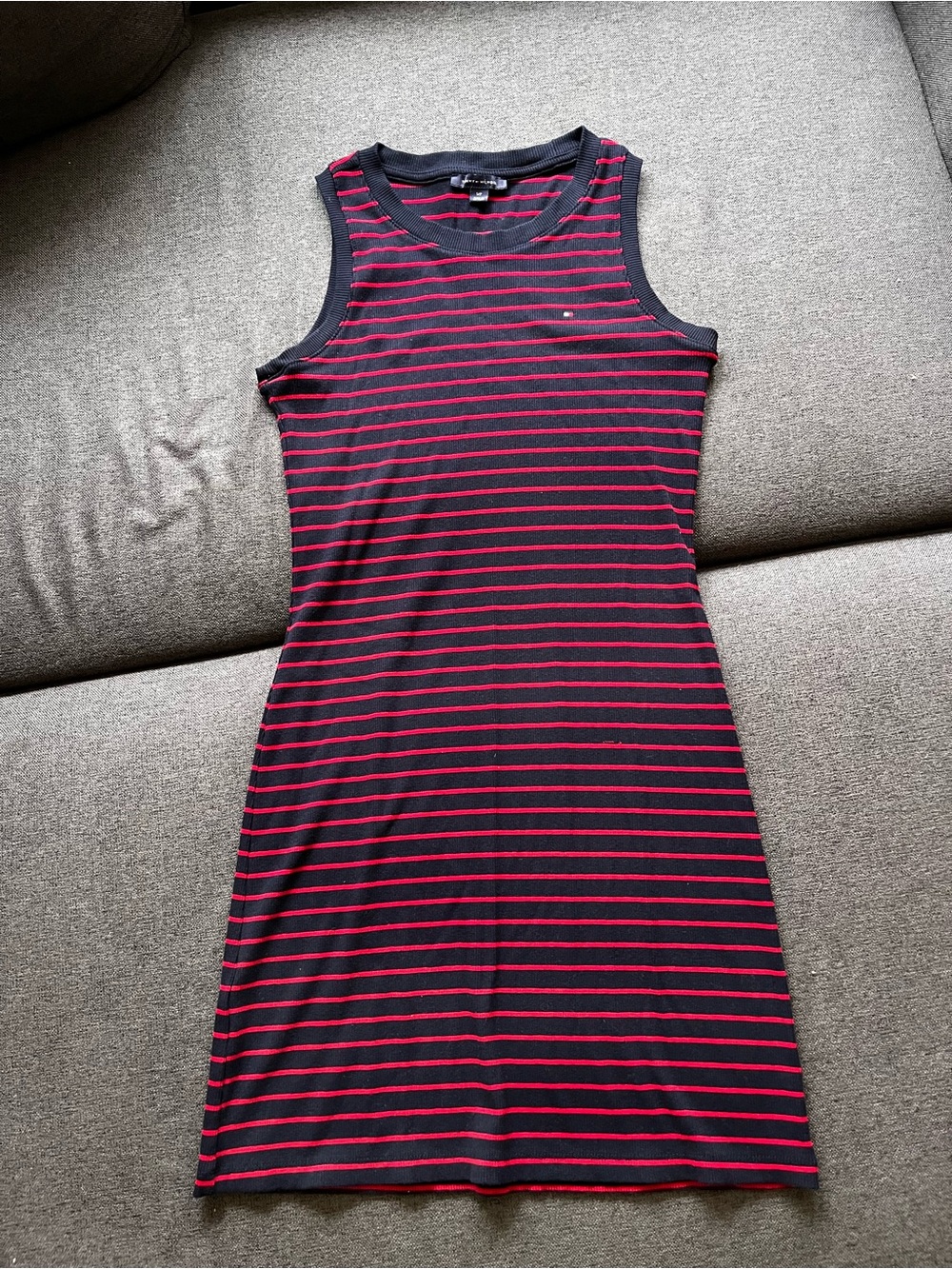 Tommy Hilfiger Striped Ribbed Tank Dress Small Navy Red Sleeveless Flag Logo S/P